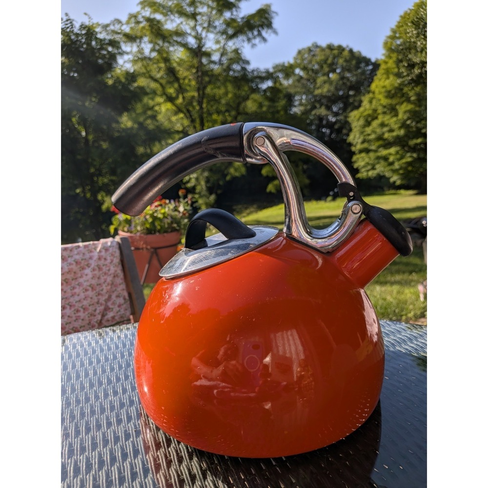 OXO Good Grips Uplift Rare Orange Enamel Steel Whistling Stovetop Tea Kettle Vtg